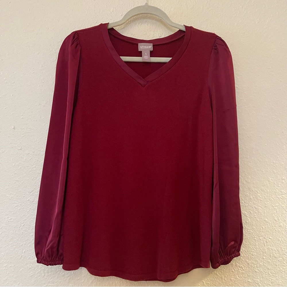 Chico's Rust V-Neck Mixed Media Sweater Silky Poly Long Sleeve Blouse Top 1/M